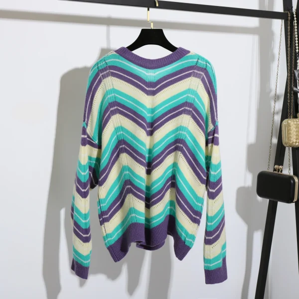 100% Wool O Neck Sweater Women Winter Handmade Knitted Sweater With Stripe Pattern - Image 2