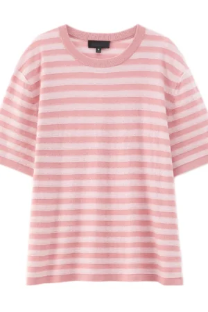 High Quality O Neck Knitwear Women 100% Wool Knitted Stripe T Shirts