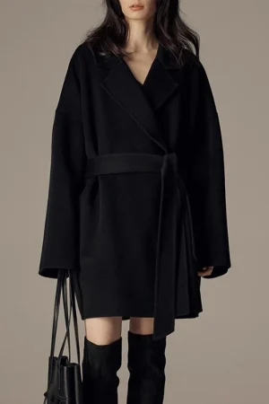 Winter Luxury Woolen Coat Double Faced Mid Length 100% Wool Coats Women with Belt