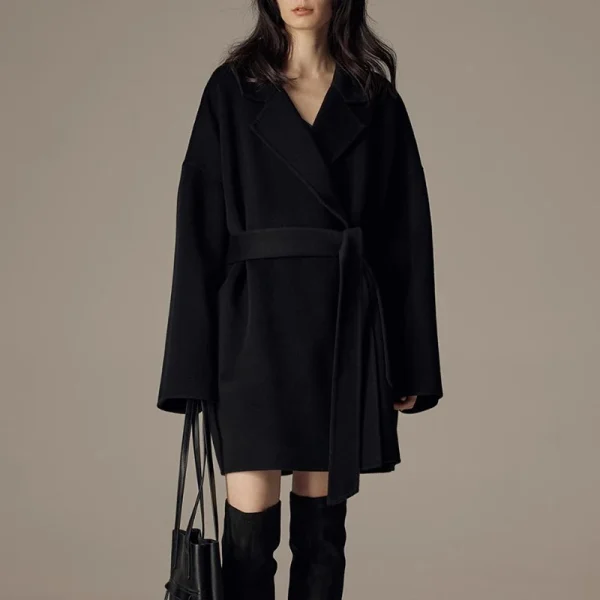 Winter Luxury Woolen Coat Double Faced Mid Length 100% Wool Coats Women with Belt