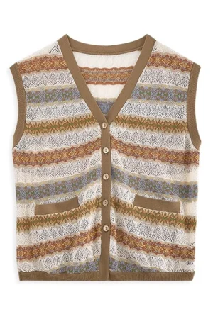 Summer V Neck Single Breasted Cardigan Knitwear Sleeveless Jacquard Knitted Vests Women
