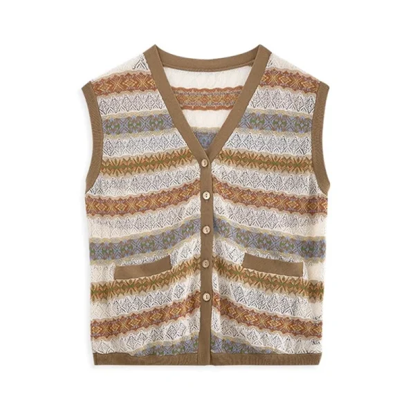 Summer V Neck Single Breasted Cardigan Knitwear Sleeveless Jacquard Knitted Vests Women