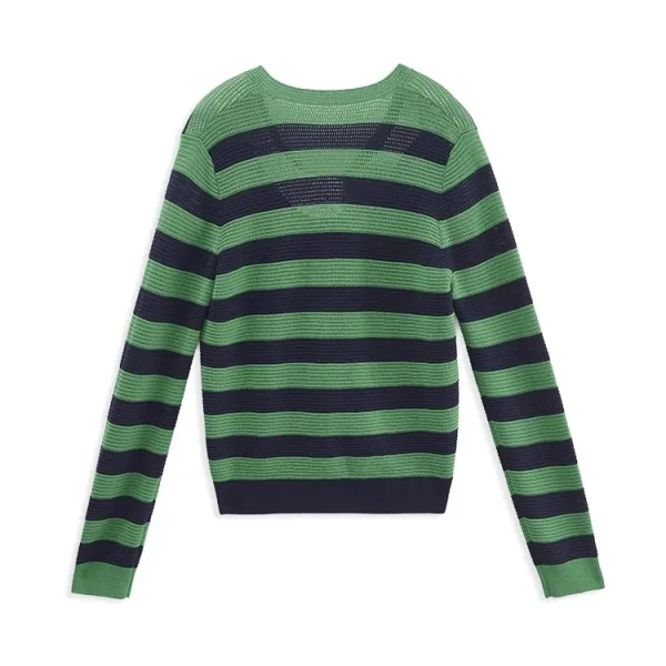 High Quality V Neck Knitwear Jacquard Striped Knitted 100% Wool Cardigans Sweater for Women - Image 2