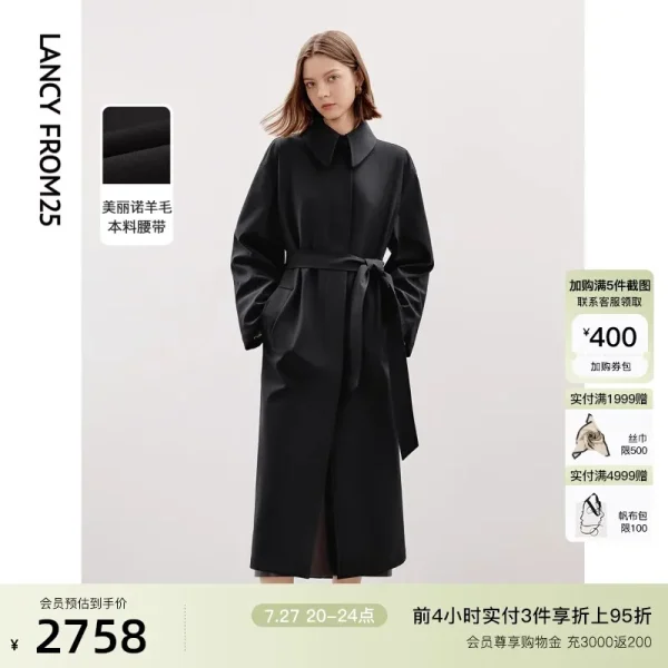 Wool High-grade Lapel Black Mid-length Trench Coat 2025 Autumn New French Temperament Top - Image 2