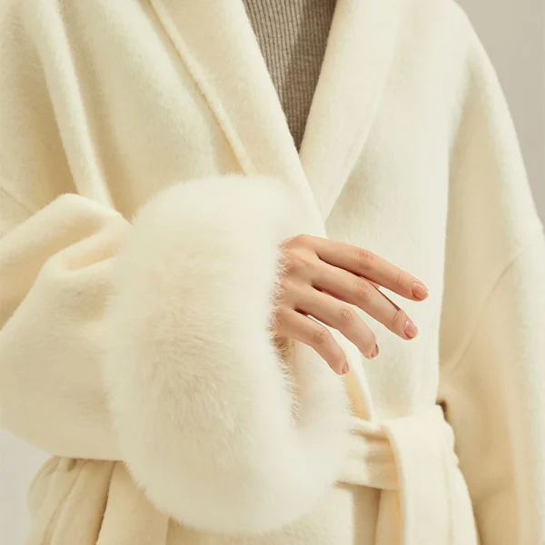 Winter Luxury Cropped Alpaca Coat Double Faced Wool Coats Women With Real Fox Fur Cuffs - Image 3