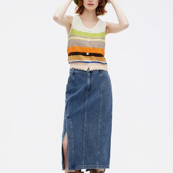 2025 Multicolor Stripe Sleeveless Cardigan Handmade Waistcoat Crop Knitted Vest for Women - Image 3
