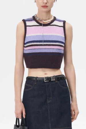 Sleeveless Stripe Knitwear Women Cropped Wool Mohair Knitted Sweater Vests