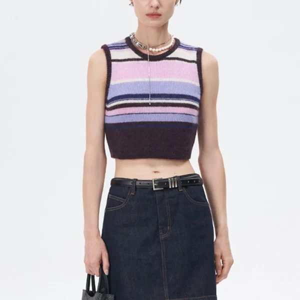 Sleeveless Stripe Knitwear Women Cropped Wool Mohair Knitted Sweater Vests