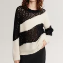 Black White Knitwear O Neck Hollow Out Knitted Mohair Sweater Women
