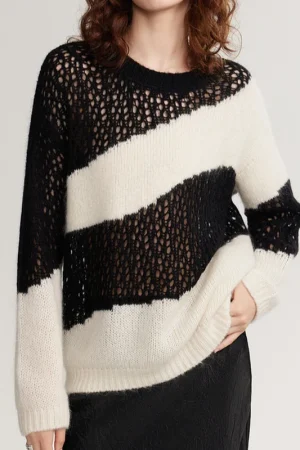 Black White Knitwear O Neck Hollow Out Knitted Mohair Sweater Women