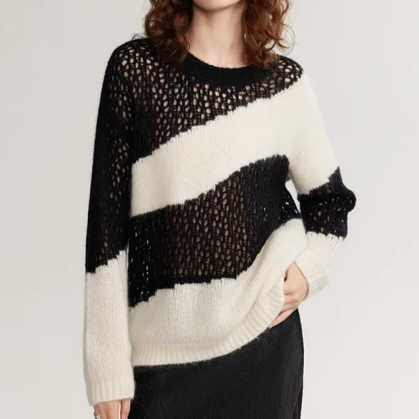 Black White Knitwear O Neck Hollow Out Knitted Mohair Sweater Women