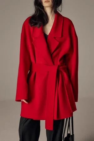 Winter Belted Short Woolen Coat Luxury Double Faced 100% Wool Coat for Women