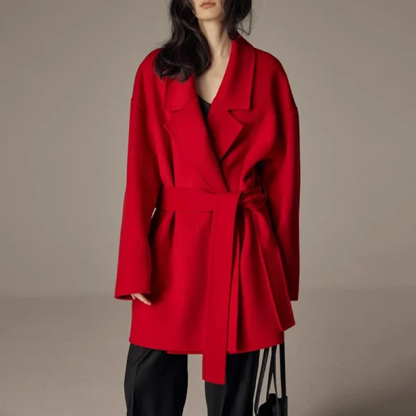 Winter Belted Short Woolen Coat Luxury Double Faced 100% Wool Coat for Women