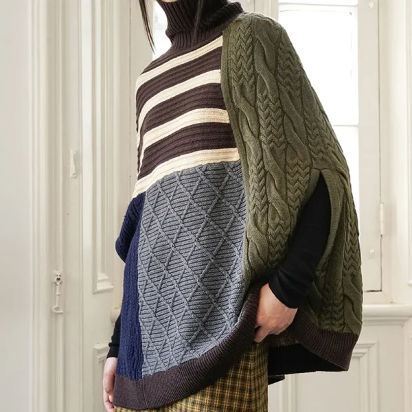 High Collar Pullover Coat Diamond Twists Jacquard Oversized Knitted Shawl Sweater Women - Image 3