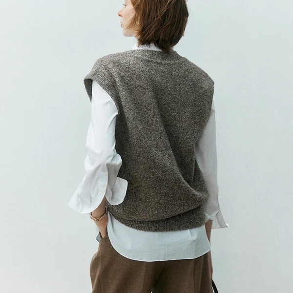 Fashion Solid Color V Neck Yak Cashmere Waistcoat Wool Knitted Vests With Pocket - Image 2