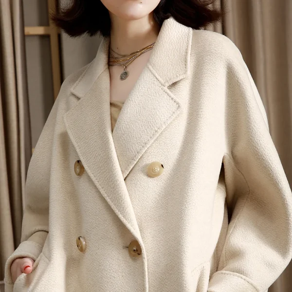 Winter Women's 100% Cashmere Coat Double-sided Wool Goods Senior Double-breasted Water Ripple Popular Design - Image 2