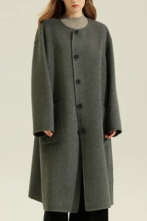 Single Breasted Sheep Woolen Coat Luxury O Neck Double Faced Long 100% Genuine Wool Coats for Women