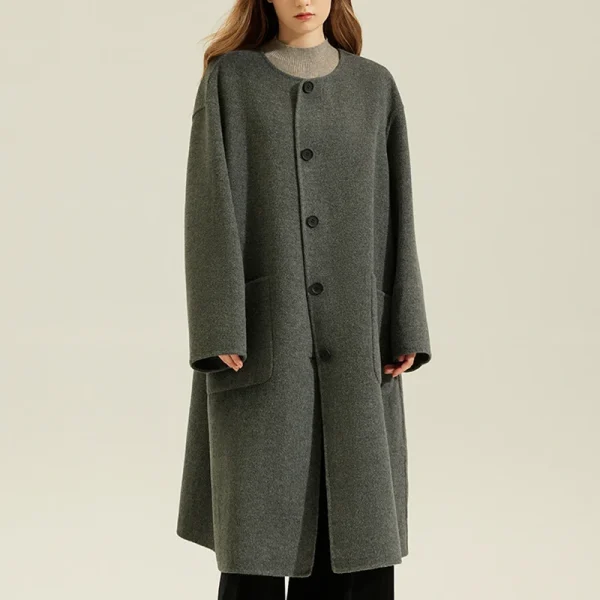 Single Breasted Sheep Woolen Coat Luxury O Neck Double Faced Long 100% Genuine Wool Coats for Women