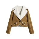 High Quality Turn Down Collar Camel Shearling Coat Women Cropped Vintage Vegan Leather Jacket With Lamb Fur