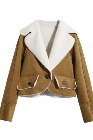 High Quality Turn Down Collar Camel Shearling Coat Women Cropped Vintage Vegan Leather Jacket With Lamb Fur