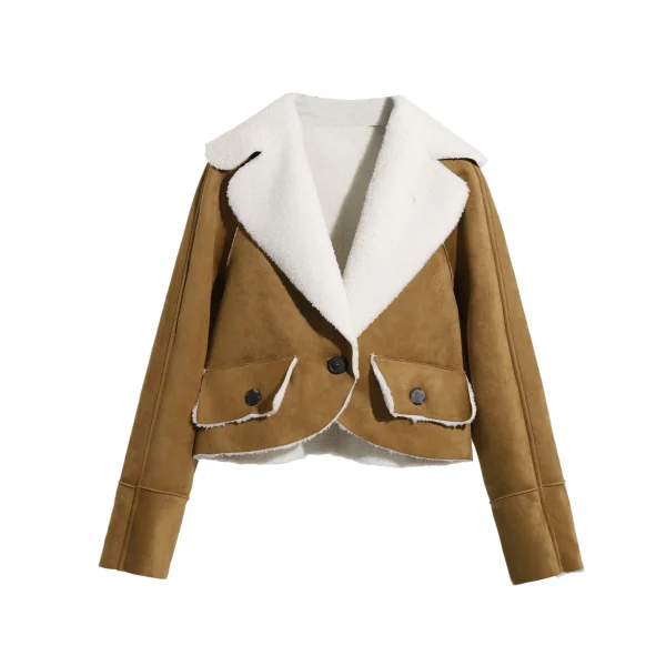 High Quality Turn Down Collar Camel Shearling Coat Women Cropped Vintage Vegan Leather Jacket With Lamb Fur