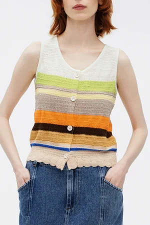 2025 Multicolor Stripe Sleeveless Cardigan Handmade Waistcoat Crop Knitted Vest for Women