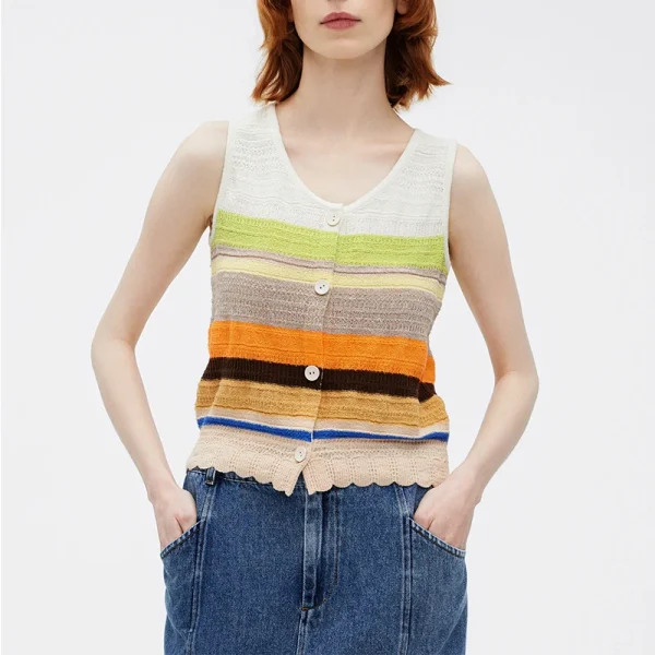 2025 Multicolor Stripe Sleeveless Cardigan Handmade Waistcoat Crop Knitted Vest for Women