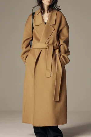 New Design Plus Size Belted Woolen Coat Winter Luxury Double Faced Long 100% Wool Coats for Women
