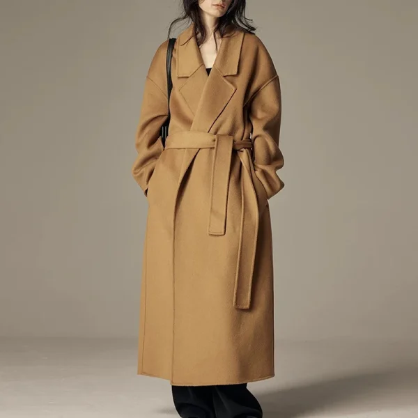 New Design Plus Size Belted Woolen Coat Winter Luxury Double Faced Long 100% Wool Coats for Women