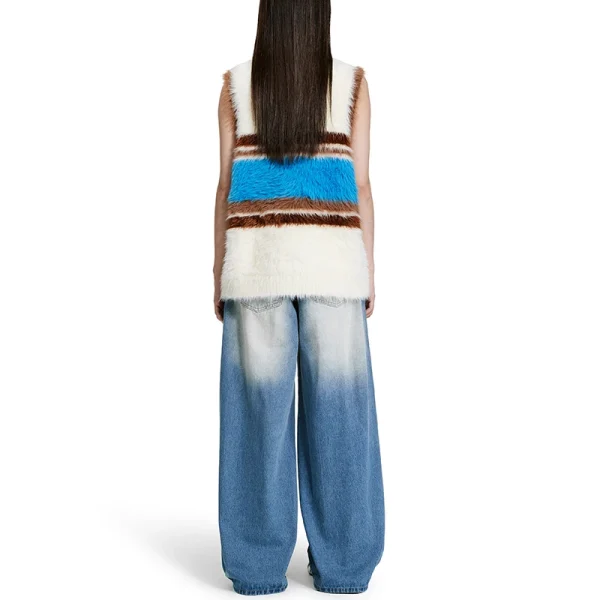 Women Cropped Fur Waistcoat Polyester Knitted Short Sweater Vests With Striped Pattern - Image 3