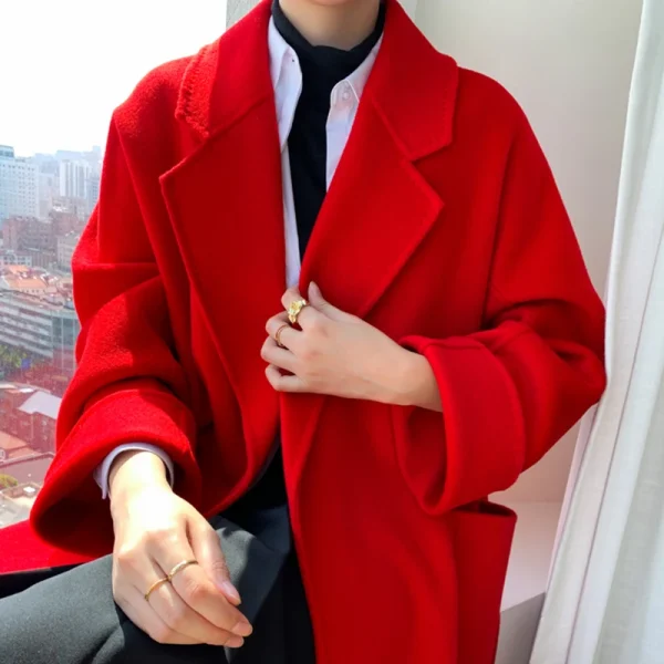 The Real High-end Autumn and Winter Double-sided Wool Cashmere Soft Coat Solid Color Jacket Sticker Bag - Image 4