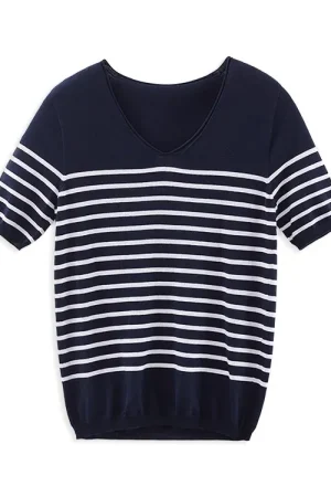 Summer Vintage Stripe Knitwear Knitted 100% Cotton T Shirts for Women