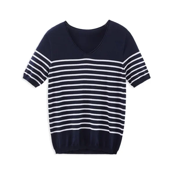 Summer Vintage Stripe Knitwear Knitted 100% Cotton T Shirts for Women