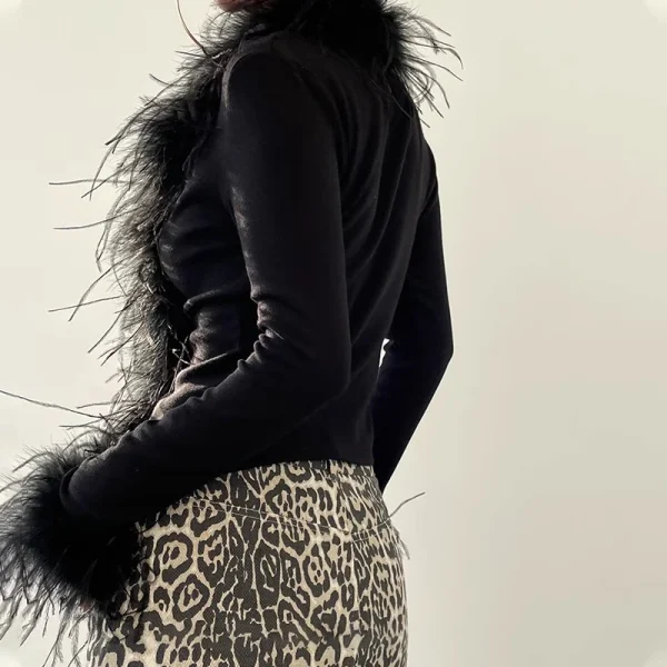 Fashion Luxury Cropped Knitwear Hand Knitted Cardigan Women With Ostrich Feather Fur - Image 2