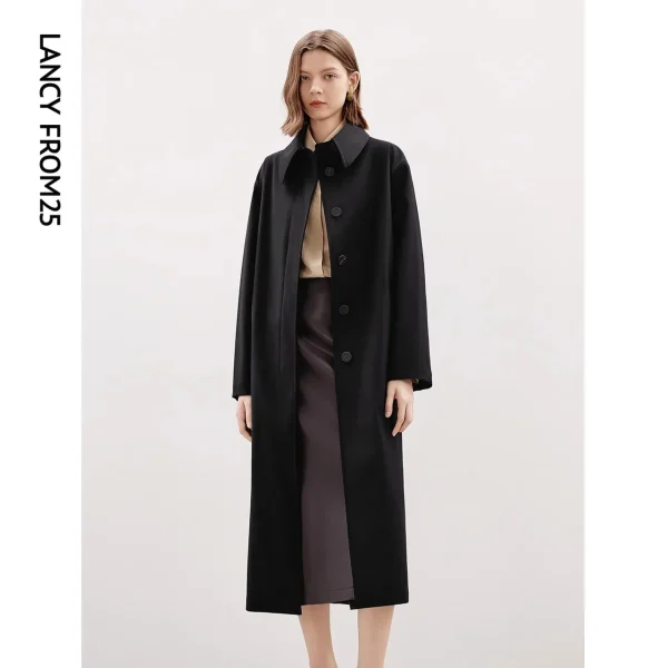 Wool High-grade Lapel Black Mid-length Trench Coat 2025 Autumn New French Temperament Top - Image 3