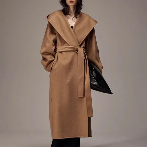 New Design Luxury Double Faced Woolen Trench Coat Women Winter Double Faced 100% Wool Coats with Hooded