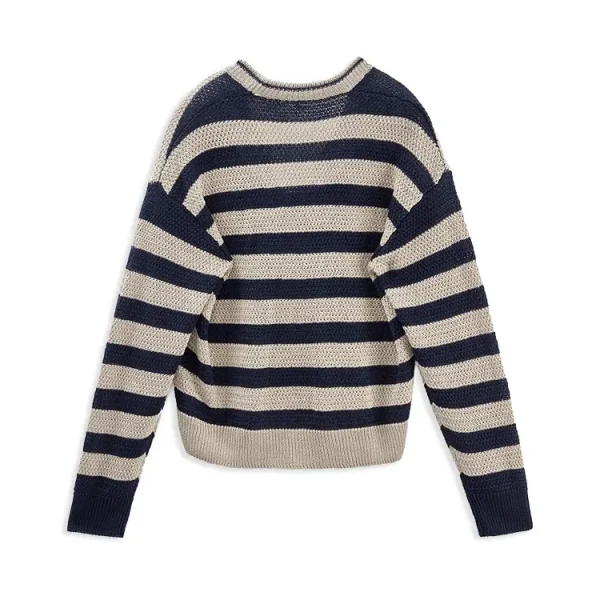 Fashion V Neck Knitwear Jacquard Striped Chunky Knitted 100% Linen Cardigan for Women - Image 2