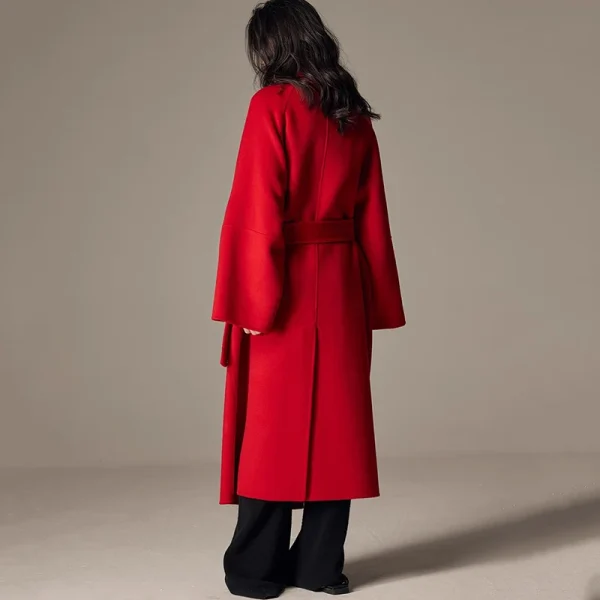 High End Winter Luxury Woolen Coat Women Double Faced Long 100% Wool Coat with Belt - Image 3