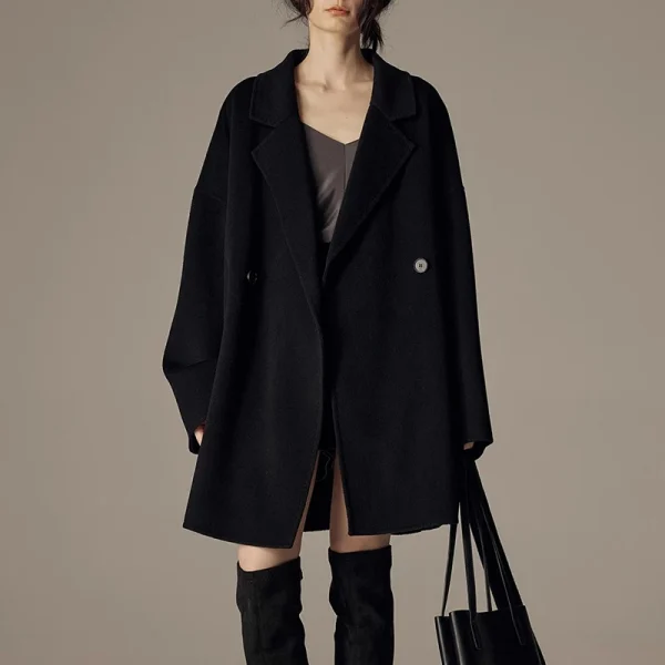Winter Luxury Woolen Coat Double Faced Mid Length 100% Wool Coats Women with Belt - Image 4