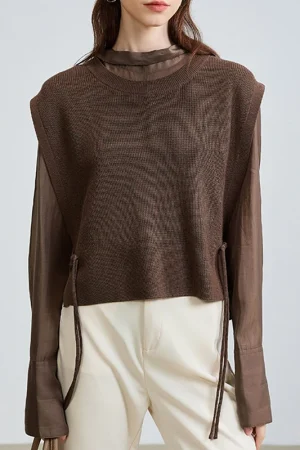 Cropped Knitwear Sleeveless Knitted Wool Vest Women With Rope