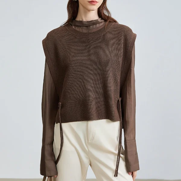 Cropped Knitwear Sleeveless Knitted Wool Vest Women With Rope
