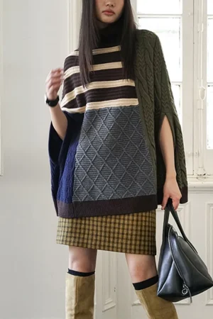 High Collar Pullover Coat Diamond Twists Jacquard Oversized Knitted Shawl Sweater Women
