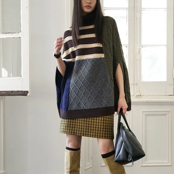 High Collar Pullover Coat Diamond Twists Jacquard Oversized Knitted Shawl Sweater Women