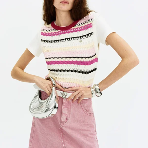 Sleeveless Summer Stripe Waistcoat Women Cropped Hollow Out Knitted Vest - Image 3