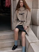 Women Wool Horn Button Mid-length Woolen Coat