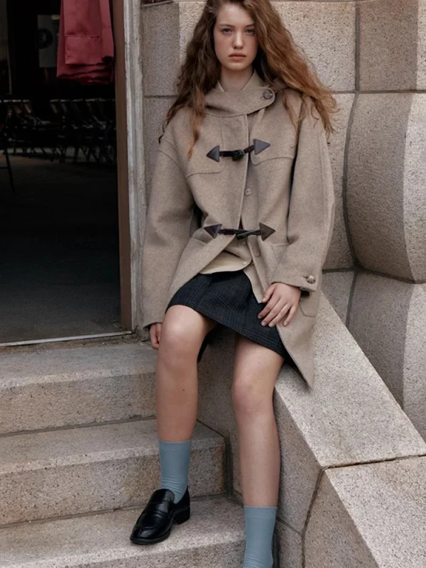 Women Wool Horn Button Mid-length Woolen Coat - Image 3