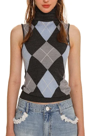 Jacquard Sweater Sleeveless Diamond Lattice Pattern Knitwear High Collar Crop Knitted Wool Vest Women