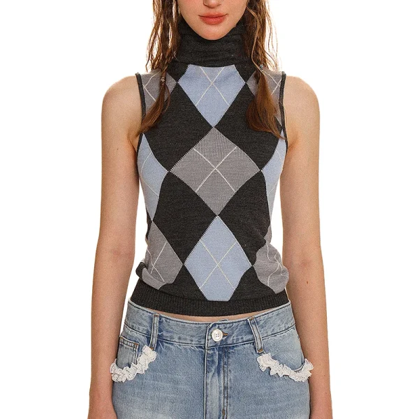 Jacquard Sweater Sleeveless Diamond Lattice Pattern Knitwear High Collar Crop Knitted Wool Vest Women