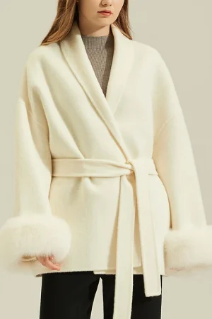 Winter Luxury Cropped Alpaca Coat Double Faced Wool Coats Women With Real Fox Fur Cuffs