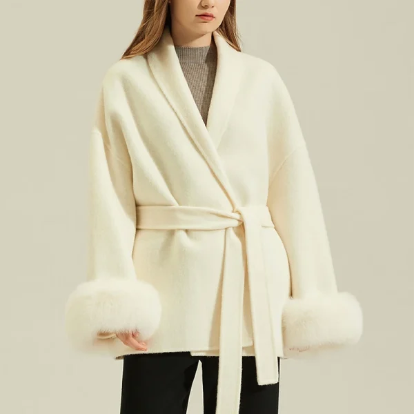 Winter Luxury Cropped Alpaca Coat Double Faced Wool Coats Women With Real Fox Fur Cuffs